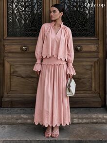 Anewsta Autumn New Vacation Handcraft Ruffled Hollow Lace Trim Romantic Elegant Ladies Blouse Brunch Dinner Date Party Dusty Pink - Pink - View 7