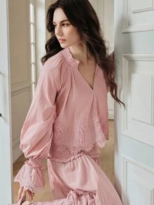 Anewsta Autumn New Vacation Handcraft Ruffled Hollow Lace Trim Romantic Elegant Ladies Blouse Brunch Dinner Date Party Dusty Pink - Pink - View 6