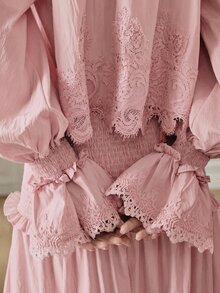 Anewsta Autumn New Vacation Handcraft Ruffled Hollow Lace Trim Romantic Elegant Ladies Blouse Brunch Dinner Date Party Dusty Pink - Pink - View 5