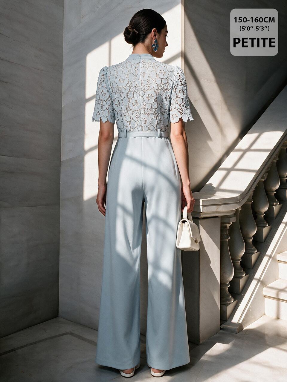 Anewsta New Fashion Water-Soluble Lace Blouse With Rhinestone Decorated Belt And Wide-Leg Pants, Elegant Petite Women Jumpsuit