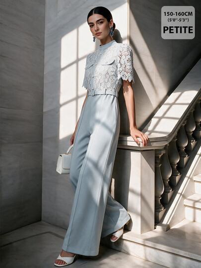 Anewsta Petite Anewsta 新款時尚水溶性蕾絲上衣，配水鑽裝飾腰帶與寬腿褲，優雅小碼女款連身褲