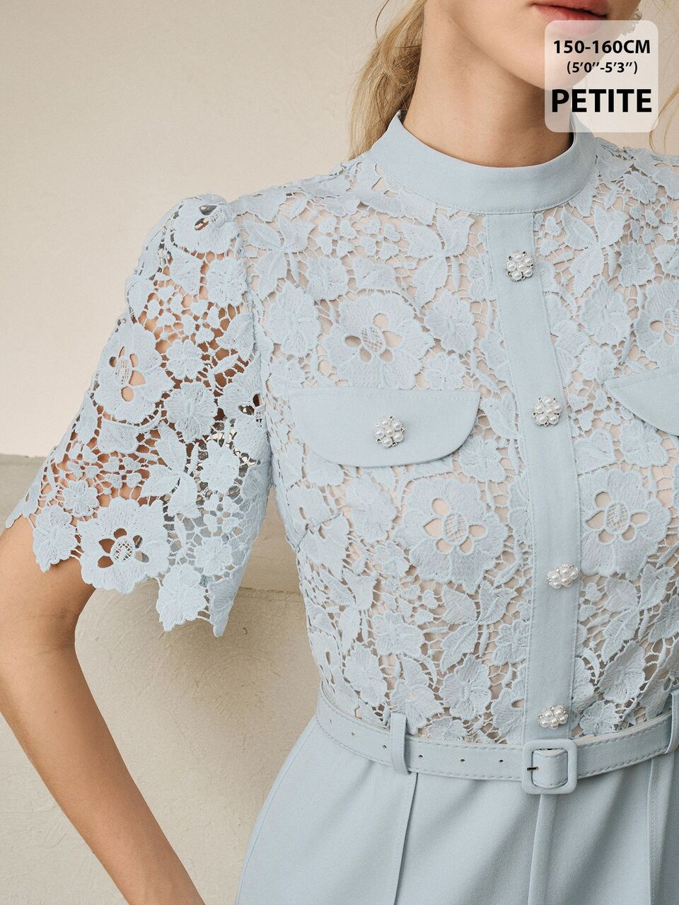 Anewsta New Fashion Water-Soluble Lace Blouse With Rhinestone Decorated Belt And Wide-Leg Pants, Elegant Petite Women Jumpsuit