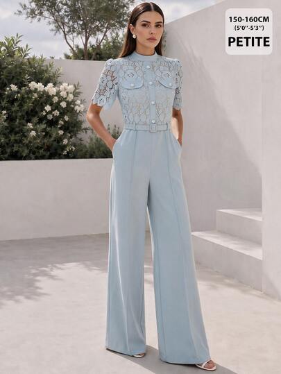 Anewsta Petite Anewsta New Fashion Water-Soluble Lace Blouse With Rhinestone Decorated Belt And Wide-Leg Pants, Elegant Petite Women Jumpsuit