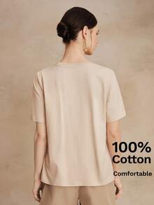 Anewsta Essential Anewsta Summer Vacation Casual All-Match Solid Color 100% Cotton Comfortable Versatile Short Sleeve T-Shirt For Women - Apricot - View 2