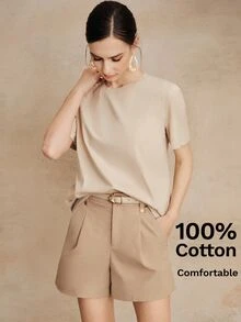 Anewsta Essential Anewsta Summer Vacation Casual All-Match Solid Color 100% Cotton Comfortable Versatile Short Sleeve T-Shirt For Women - Apricot - View 1