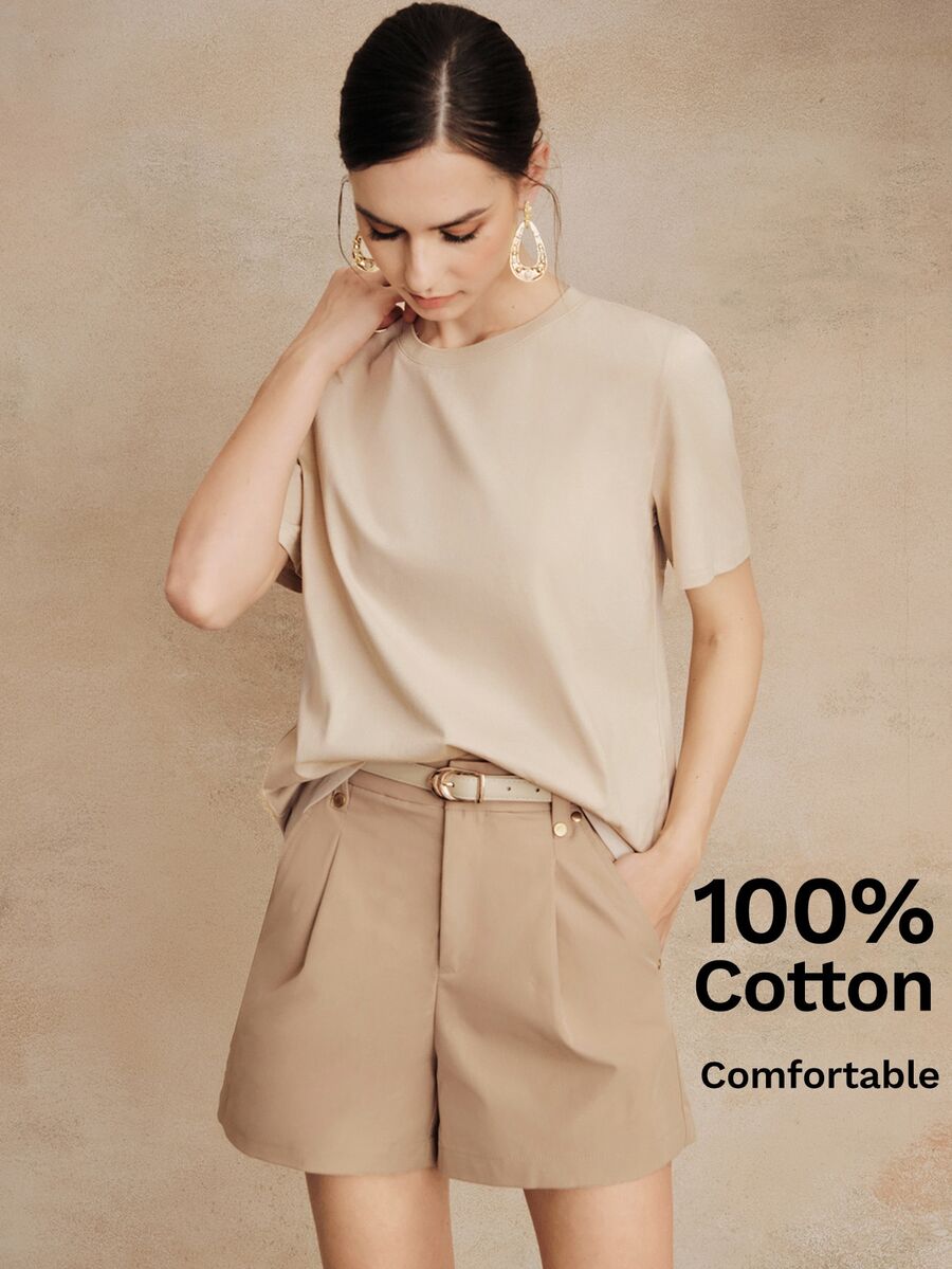Anewsta Essential Anewsta Summer Vacation Casual All-Match Solid Color 100% Cotton Comfortable Versatile Short Sleeve T-Shirt For Women - Apricot - View 1