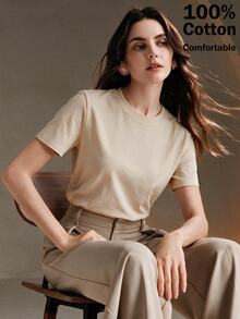 Anewsta Essential Anewsta Summer Vacation Casual All-Match Solid Color 100% Cotton Comfortable Versatile Short Sleeve T-Shirt For Women - Apricot - View 4