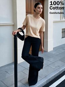 Anewsta Essential Anewsta Summer Vacation Casual All-Match Solid Color 100% Cotton Comfortable Versatile Short Sleeve T-Shirt For Women - Apricot - View 7