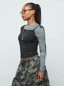 COUREZ Double Layer Asymmetric Top /Y2K Long Sleeve Tops Rave Outfits Fall Clothes For Women Cute Tops Greyt Tops Going Out Tops Y2K Tops - Dark Grey - View 2