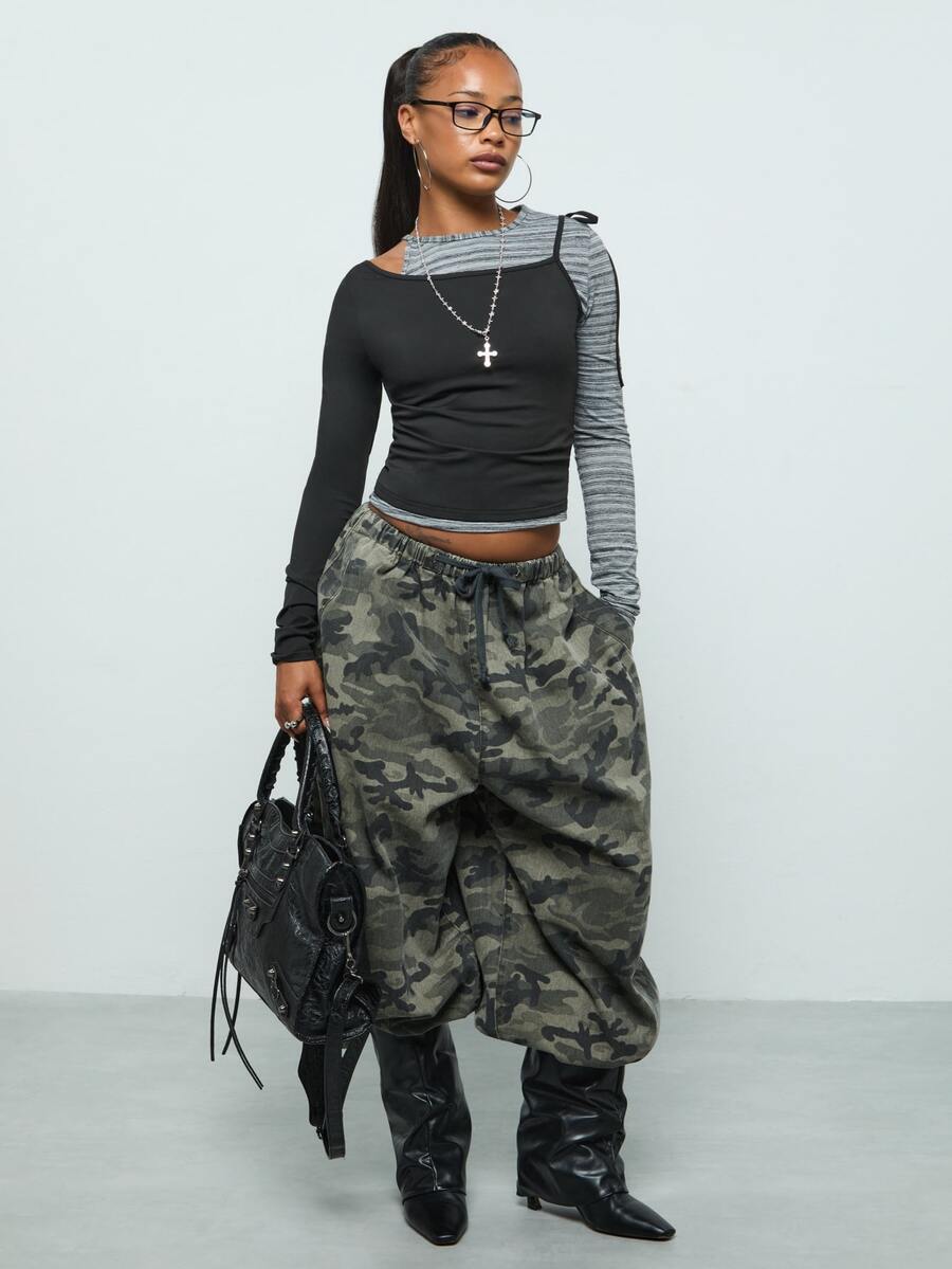 COUREZ Double Layer Asymmetric Top /Y2K Long Sleeve Tops Rave Outfits Fall Clothes For Women Cute Tops Greyt Tops Going Out Tops Y2K Tops - Dark Grey - View 1