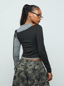 COUREZ Double Layer Asymmetric Top /Y2K Long Sleeve Tops Rave Outfits Fall Clothes For Women Cute Tops Greyt Tops Going Out Tops Y2K Tops - Dark Grey - View 3