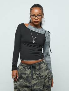 COUREZ Double Layer Asymmetric Top /Y2K Long Sleeve Tops Rave Outfits Fall Clothes For Women Cute Tops Greyt Tops Going Out Tops Y2K Tops - Dark Grey - View 4
