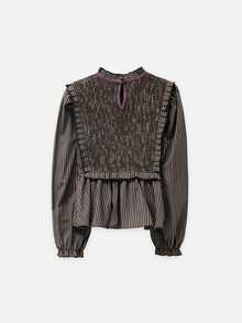 Nöista Striped Blouse With A Ruffled Neckline, Puff Sleeves  Finished With Purple Velvet. Fall, Winter,Everyday Look,Office.Night Out, Elegant,Halloween. - Brown - View 8