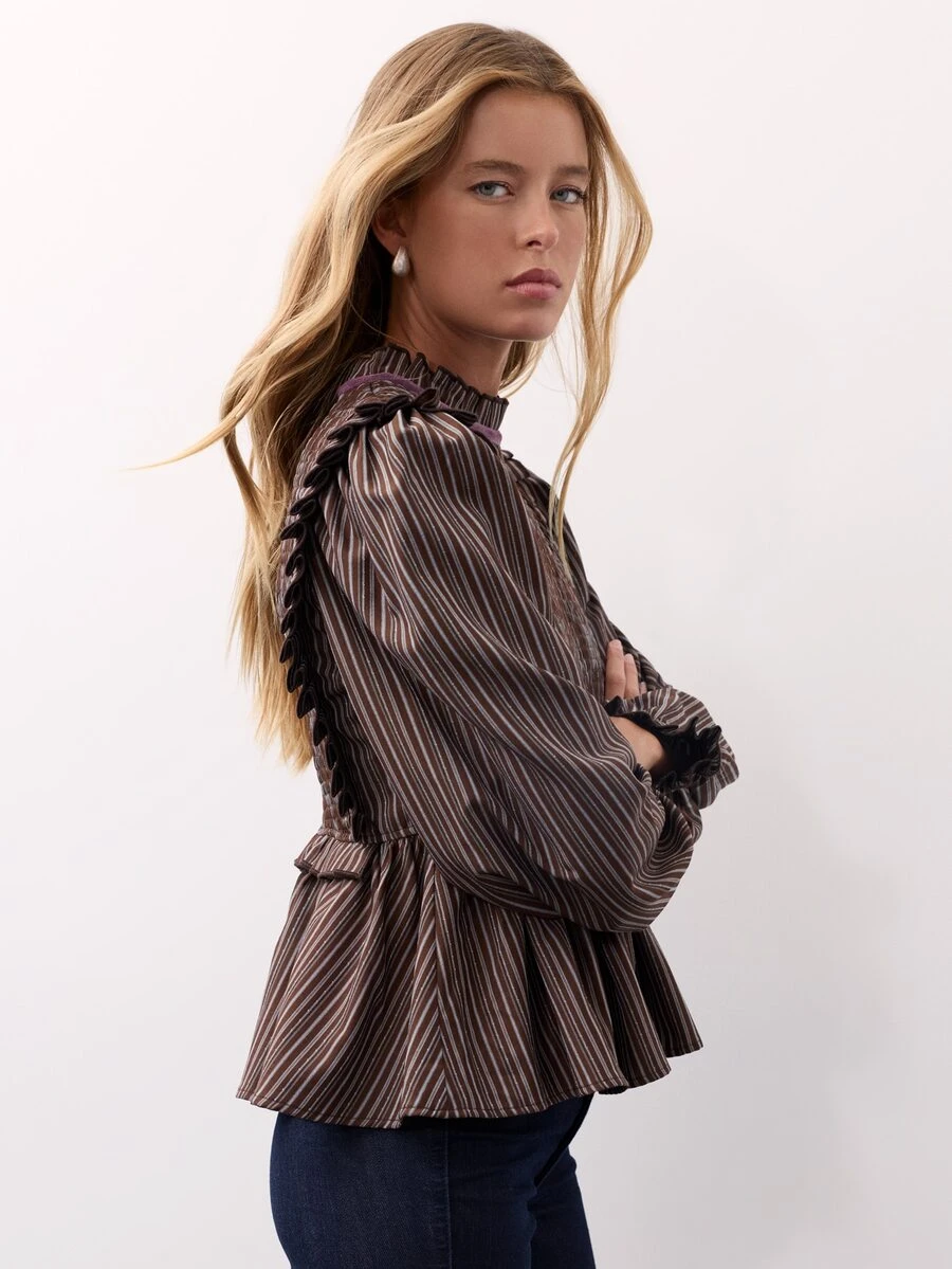 Nöista Striped Blouse With A Ruffled Neckline, Puff Sleeves Finished With Purple Velvet. Fall, Winter,Everyday Look,Office.Night Out, Elegant,Halloween. - Brown - View 1