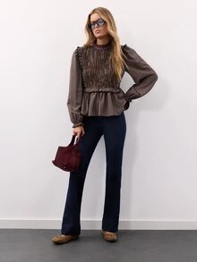 Nöista Striped Blouse With A Ruffled Neckline, Puff Sleeves  Finished With Purple Velvet. Fall, Winter,Everyday Look,Office.Night Out, Elegant,Halloween. - Brown - View 5