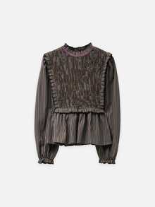 Nöista Striped Blouse With A Ruffled Neckline, Puff Sleeves  Finished With Purple Velvet. Fall, Winter,Everyday Look,Office.Night Out, Elegant,Halloween. - Brown - View 7