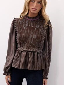 Nöista Striped Blouse With A Ruffled Neckline, Puff Sleeves  Finished With Purple Velvet. Fall, Winter,Everyday Look,Office.Night Out, Elegant,Halloween. - Brown - View 2