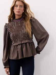 Nöista Striped Blouse With A Ruffled Neckline, Puff Sleeves  Finished With Purple Velvet. Fall, Winter,Everyday Look,Office.Night Out, Elegant,Halloween. - Brown - View 3