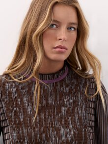 Nöista Striped Blouse With A Ruffled Neckline, Puff Sleeves  Finished With Purple Velvet. Fall, Winter,Everyday Look,Office.Night Out, Elegant,Halloween. - Brown - View 6