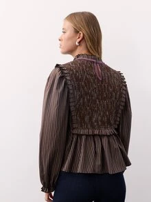 Nöista Striped Blouse With A Ruffled Neckline, Puff Sleeves  Finished With Purple Velvet. Fall, Winter,Everyday Look,Office.Night Out, Elegant,Halloween. - Brown - View 4