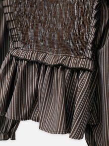 Nöista Striped Blouse With A Ruffled Neckline, Puff Sleeves  Finished With Purple Velvet. Fall, Winter,Everyday Look,Office.Night Out, Elegant,Halloween. - Brown - View 10