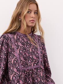 Nöista Paisley Print Shirt With Embroidered Ribbon, Bohemian, Romantic, Casual, Retro Everyday Style.Simple,Comfortable, Casual, Suitable For Fall/Winter. - Pink - View 4