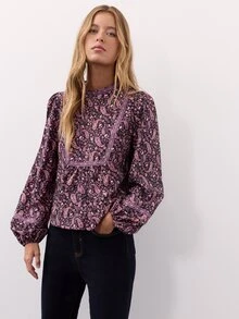 Nöista Paisley Print Shirt With Embroidered Ribbon, Bohemian, Romantic, Casual, Retro Everyday Style.Simple,Comfortable, Casual, Suitable For Fall/Winter. - Pink - View 2