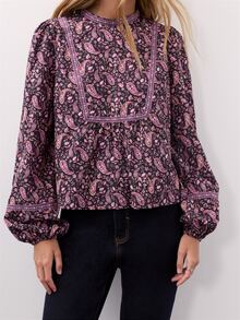 Nöista Paisley Print Shirt With Embroidered Ribbon, Bohemian, Romantic, Casual, Retro Everyday Style.Simple,Comfortable, Casual, Suitable For Fall/Winter. - Pink - View 6