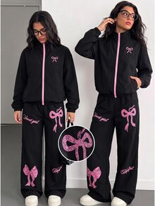 SHEIN 青少年女孩秋季套裝 2件式運動服套裝，黑色立領拉鍊夾克附口袋與寬鬆寬腿長褲，粉色蝴蝶結印花，秋冬款 - 黑色 - 查看 4