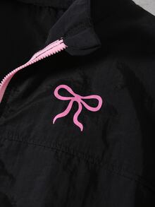 SHEIN 青少年女孩秋季套裝 2件式運動服套裝，黑色立領拉鍊夾克附口袋與寬鬆寬腿長褲，粉色蝴蝶結印花，秋冬款 - 黑色 - 查看 7