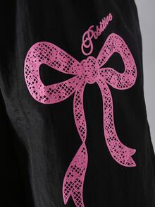 SHEIN 青少年女孩秋季套裝 2件式運動服套裝，黑色立領拉鍊夾克附口袋與寬鬆寬腿長褲，粉色蝴蝶結印花，秋冬款 - 黑色 - 查看 8