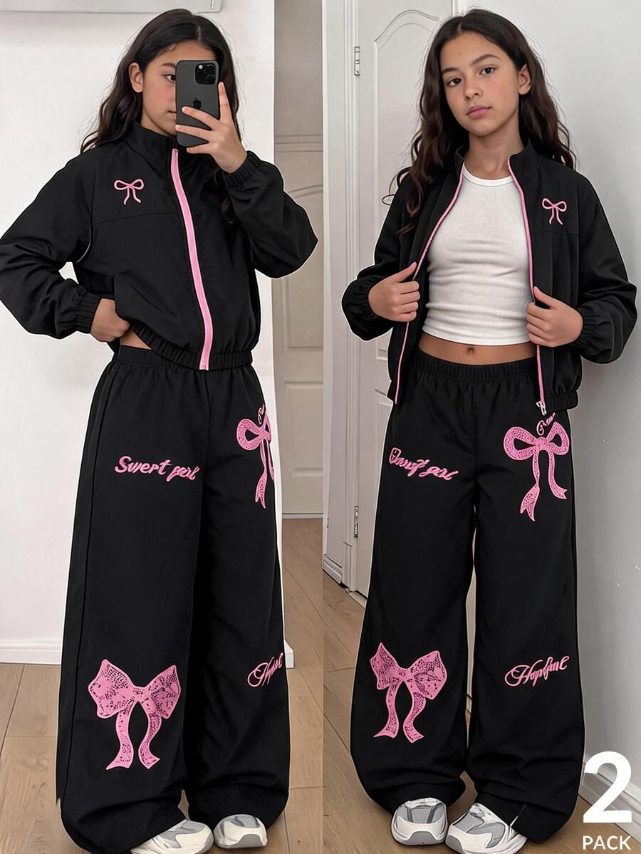 SHEIN 青少年女孩秋季套裝 2件式運動服套裝,黑色立領拉鍊夾克附口袋與寬鬆寬腿長褲,粉色蝴蝶結印花,秋冬款 - 黑色 - 查看 1