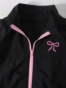 SHEIN 青少年女孩秋季套裝 2件式運動服套裝，黑色立領拉鍊夾克附口袋與寬鬆寬腿長褲，粉色蝴蝶結印花，秋冬款 - 黑色 - 查看 6