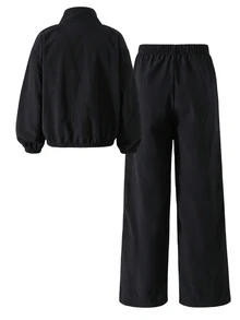 SHEIN 青少年女孩秋季套裝 2件式運動服套裝，黑色立領拉鍊夾克附口袋與寬鬆寬腿長褲，粉色蝴蝶結印花，秋冬款 - 黑色 - 查看 5