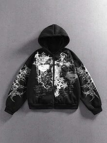 ROMWE MEN Street Life Men's Casual Graphic Street Pattern Gothic Print Cardigan Hoodie - Black - View 3