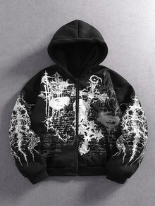 ROMWE MEN Street Life Men's Casual Graphic Street Pattern Gothic Print Cardigan Hoodie - Black - View 1