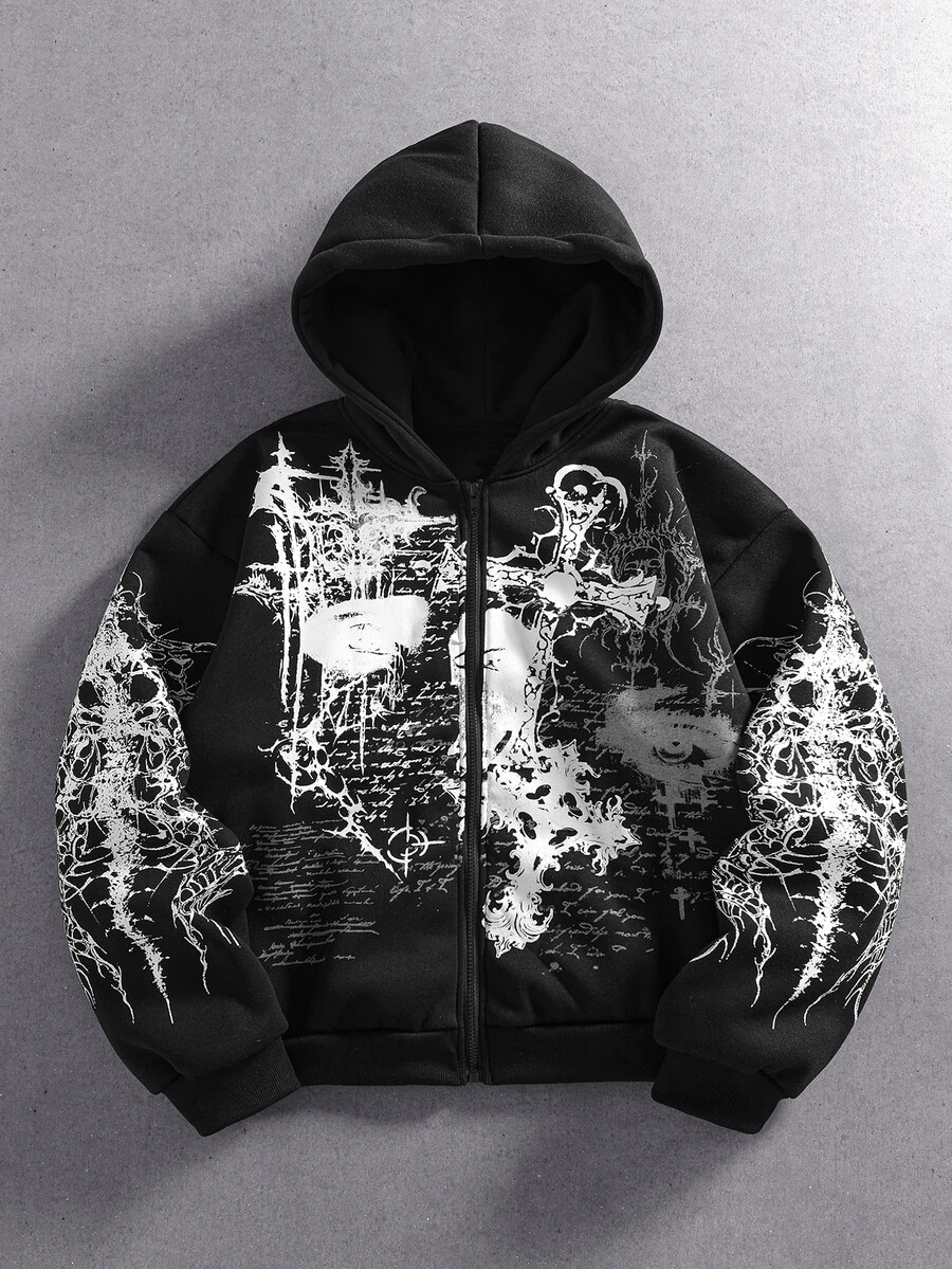 ROMWE MEN Street Life Men's Casual Graphic Street Pattern Gothic Print Cardigan Hoodie - Black - View 1