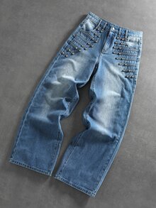 ROMWE MEN Grunge Punk 男士多功能直筒寬鬆休閒牛仔褲，附口袋 - 藍色 - 查看 9