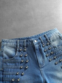 ROMWE MEN Grunge Punk 男士多功能直筒寬鬆休閒牛仔褲，附口袋 - 藍色 - 查看 5