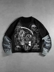 ROMWE MEN Men's Skull Print 2 In 1 Long Sleeve T-Shirt - Black - View 3