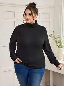 SHEIN CURVE+ 大尺碼高領拇指孔修身基本款T恤，適合春秋穿著，2026 22W 秋季款 - 黑色 - 查看 3
