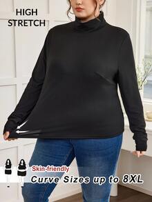 SHEIN CURVE+ 大尺碼高領拇指孔修身基本款T恤，適合春秋穿著，2026 22W 秋季款 - 黑色 - 查看 1
