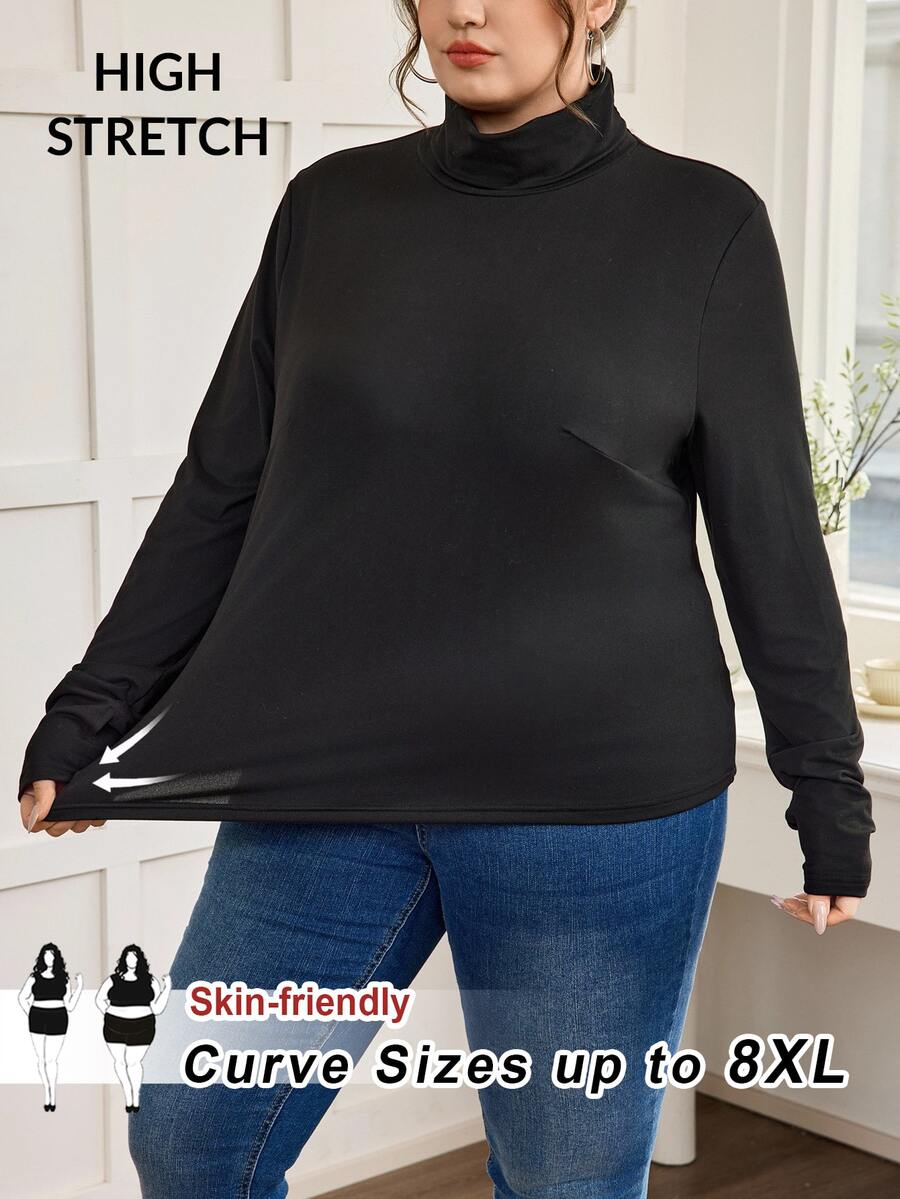 SHEIN CURVE+ 大尺碼高領拇指孔修身基本款T恤,適合春秋穿著,2026 22W 秋季款 - 黑色 - 查看 1