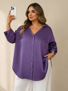 SHEIN CURVE+ Plus Size Women's Satin Blouse, Fashionable Loose Business Casual Elegant Daily, Commute Date Brunch Office Shirt, 2026 Autumn/Winter Dark Purple - Purple - View 8