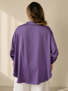 SHEIN CURVE+ Plus Size Women's Satin Blouse, Fashionable Loose Business Casual Elegant Daily, Commute Date Brunch Office Shirt, 2026 Autumn/Winter Dark Purple - Purple - View 2