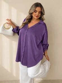 SHEIN CURVE+ Plus Size Women's Satin Blouse, Fashionable Loose Business Casual Elegant Daily, Commute Date Brunch Office Shirt, 2026 Autumn/Winter Dark Purple - Purple - View 1