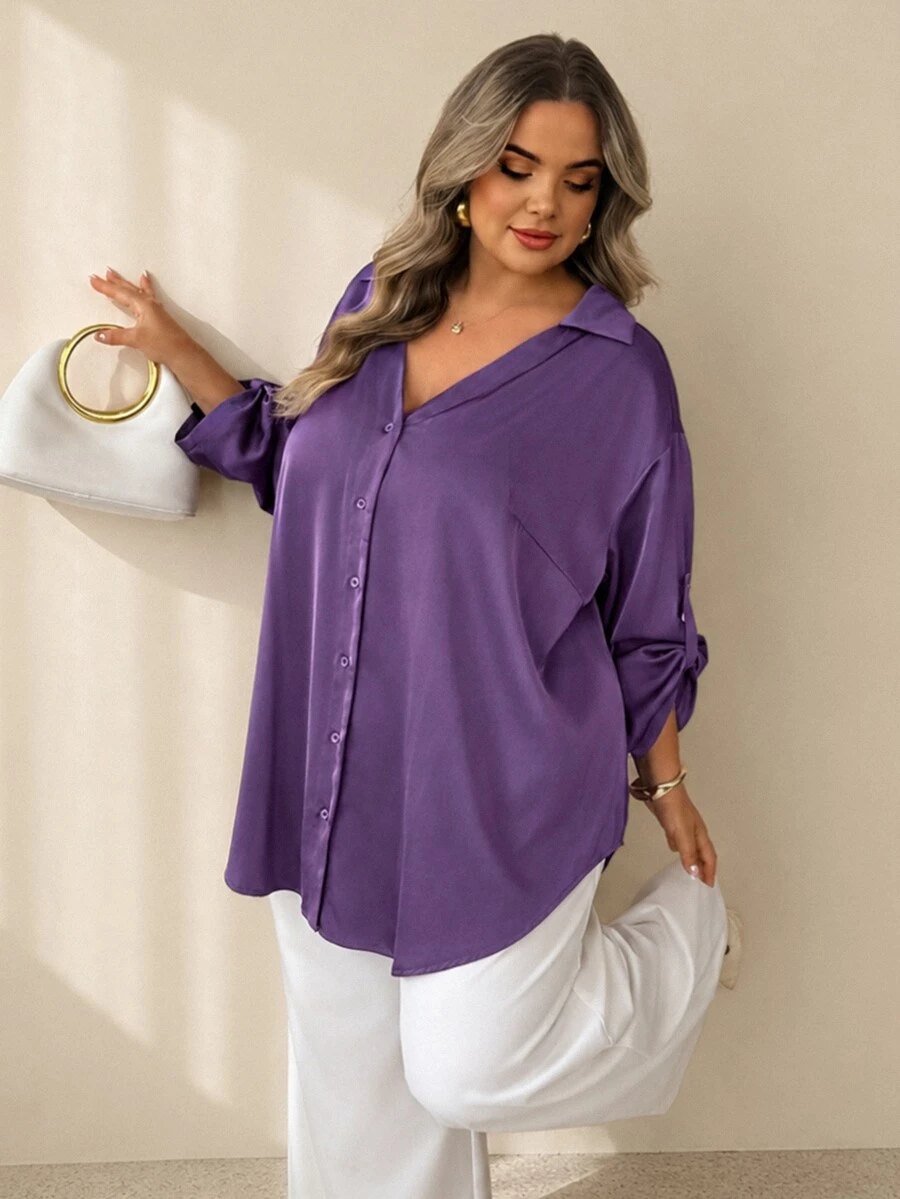 SHEIN CURVE+ Plus Size Women's Satin Blouse, Fashionable Loose Business Casual Elegant Daily, Commute Date Brunch Office Shirt, 2026 Autumn/Winter Dark Purple - Purple - View 1