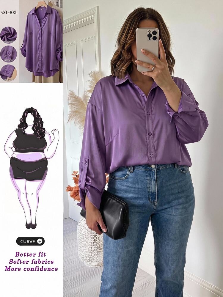 SHEIN CURVE+ 大尺碼女款緞面襯衫，時尚寬鬆商務休閒優雅日常，通勤約會早午餐辦公室襯衫，2026秋冬深紫色 - 紫色 - 查看 4