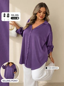 SHEIN CURVE+ Plus Size Women's Satin Blouse, Fashionable Loose Business Casual Elegant Daily, Commute Date Brunch Office Shirt, 2026 Autumn/Winter Dark Purple - Purple - View 6