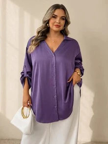 SHEIN CURVE+ Plus Size Women's Satin Blouse, Fashionable Loose Business Casual Elegant Daily, Commute Date Brunch Office Shirt, 2026 Autumn/Winter Dark Purple - Purple - View 10